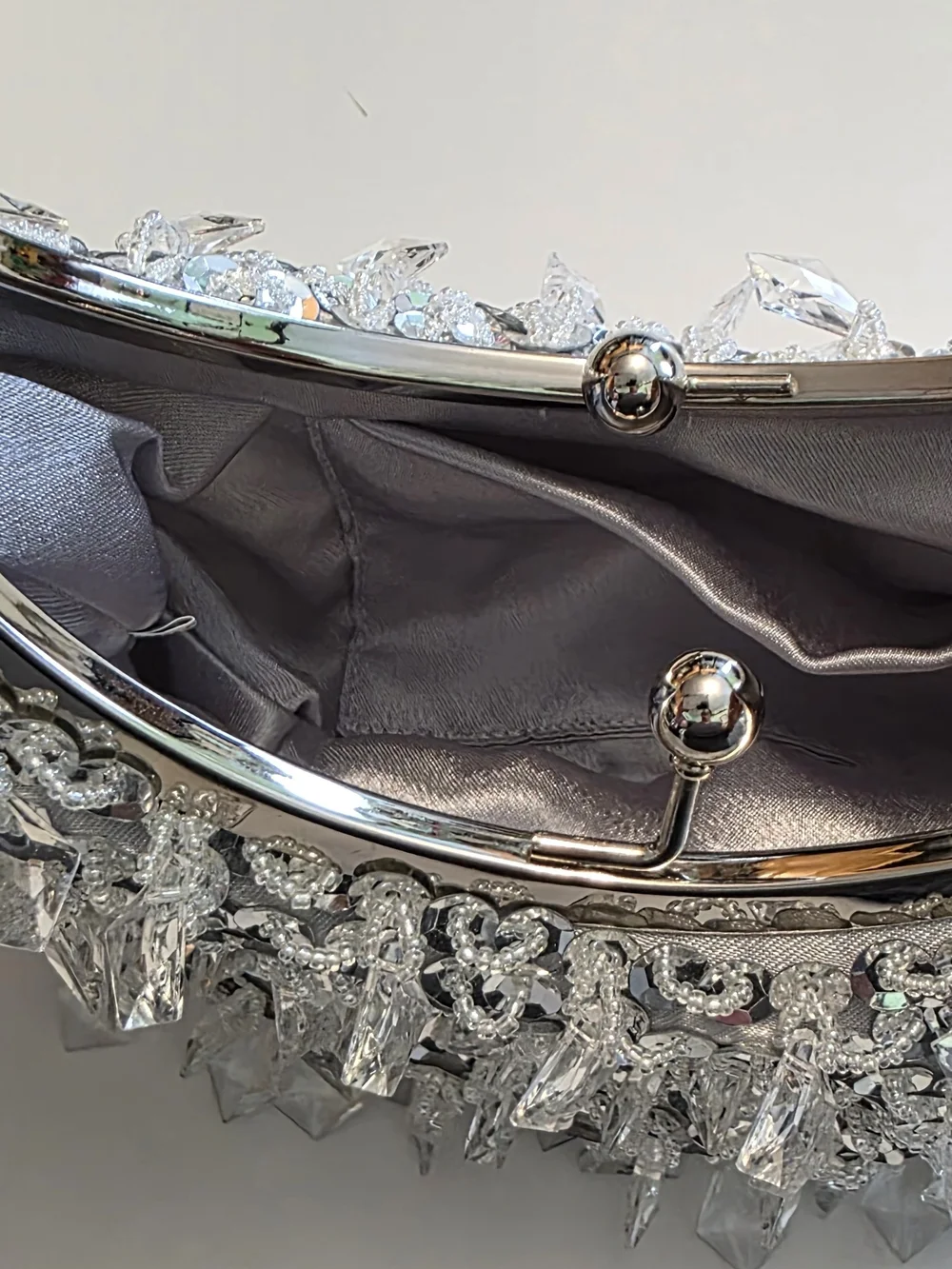 Silver Sequin Evening Clutch Bag with Metal Handle